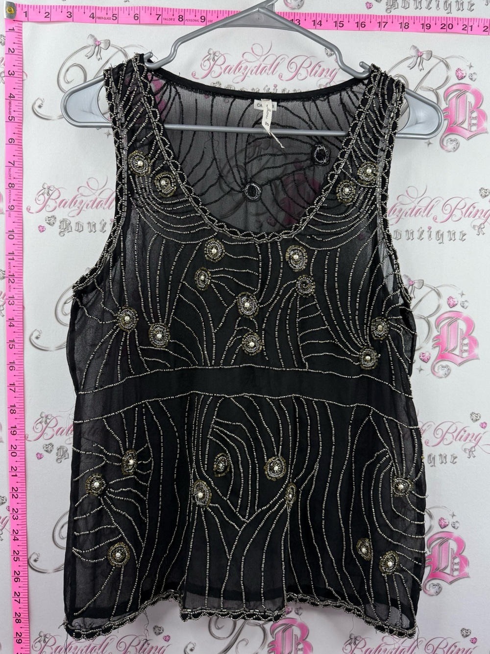 Willow & Clay tank top embroidery Black Sheer Beaded Tank Top